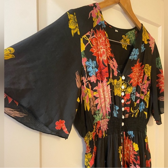 Floral 🖤 Mini Dress Boho Black Medium - Picture 5 of 6